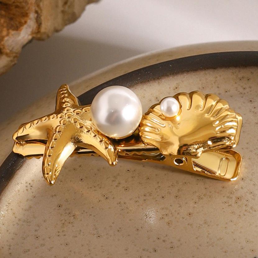 Elegant Gold Seashell Hair Clip with Freshwater Pearl and Starfish Design – Hypoallergenic and Waterproof 2