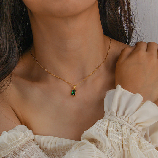 Elegant Green Necklace with 18k Gold Plating, Diamond Simulants, Waterproof, Hypoallergenic - 16 Inch 1