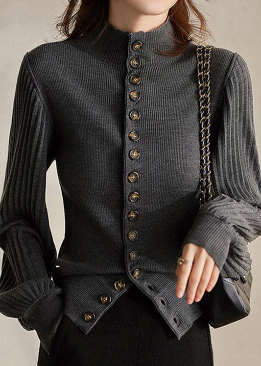 Women's Knit Top Grey Stand Collar Button Long Sleeve - 1