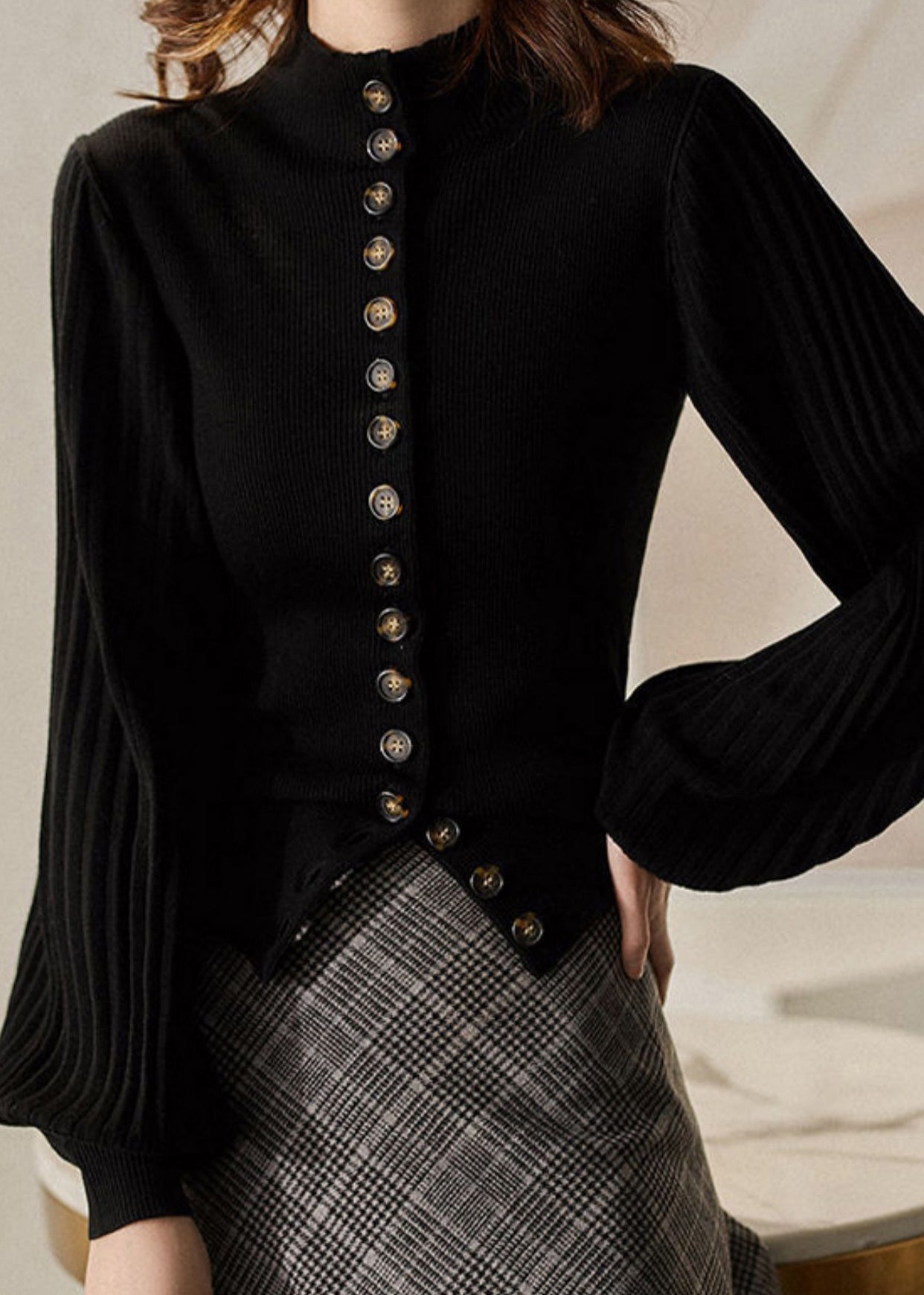 Women's Knit Top Grey Stand Collar Button Long Sleeve - 4