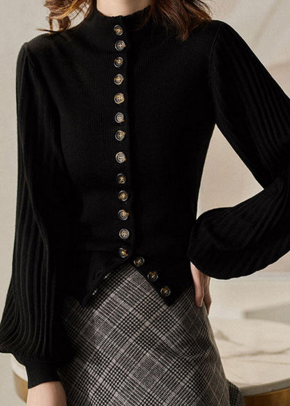 Women's Knit Top Grey Stand Collar Button Long Sleeve - 4