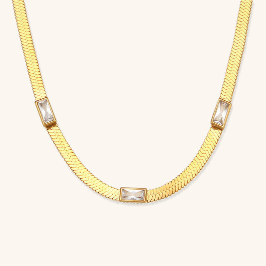 Elegant Herringbone Gold Necklace for Women with AAAA Diamond Simulants – 14 Inch Adjustable Gold Chain 0