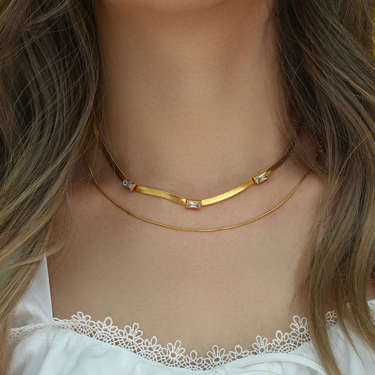 Elegant Herringbone Gold Necklace for Women with AAAA Diamond Simulants – 14 Inch Adjustable Gold Chain 1