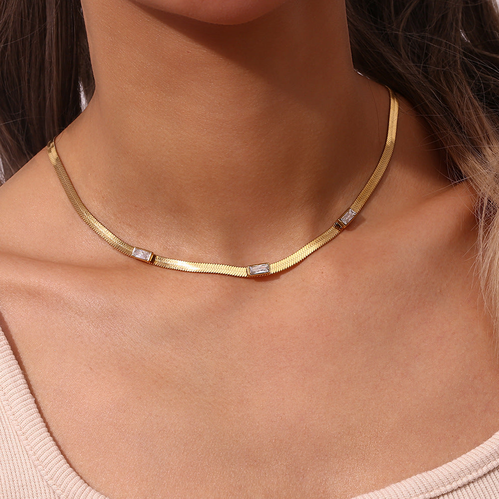 Elegant Herringbone Gold Necklace for Women with AAAA Diamond Simulants – 14 Inch Adjustable Gold Chain 2