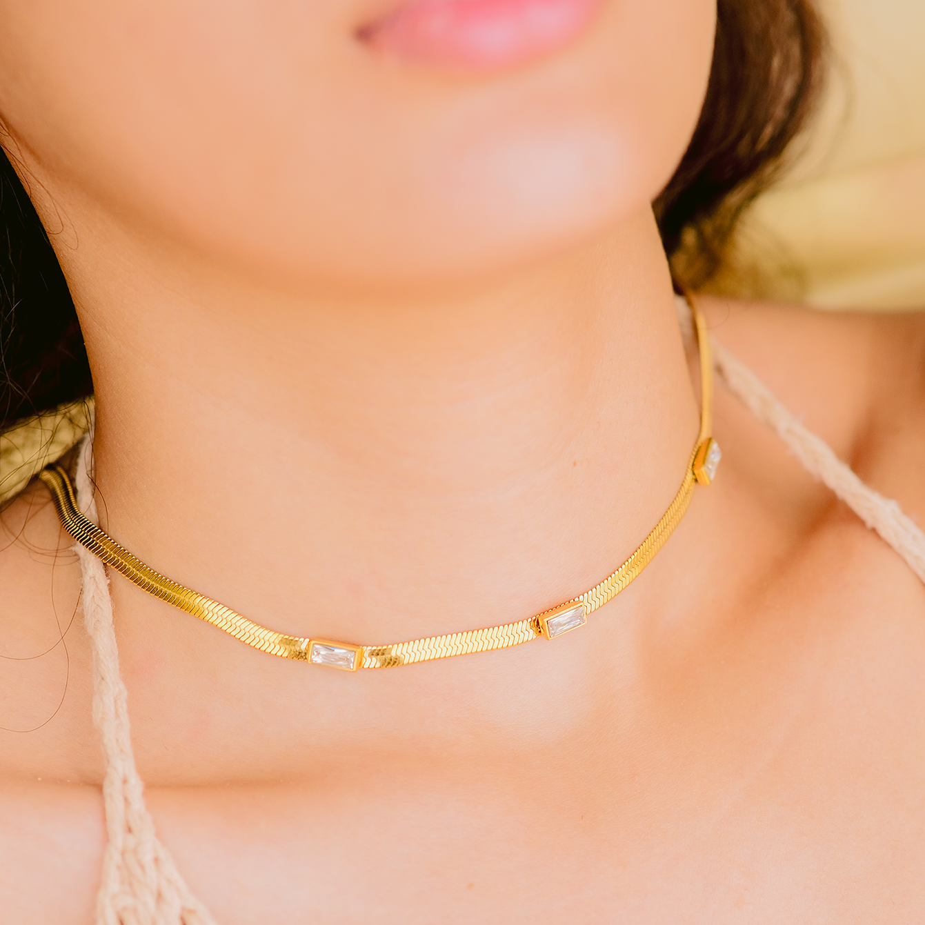 Elegant Herringbone Gold Necklace for Women with AAAA Diamond Simulants – 14 Inch Adjustable Gold Chain 3