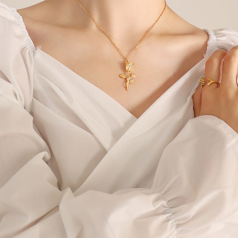 Elegant Hypoallergenic Gold Rose Necklace with Delicate Gold Chain – Waterproof 16 Inch Accessory for Women 7