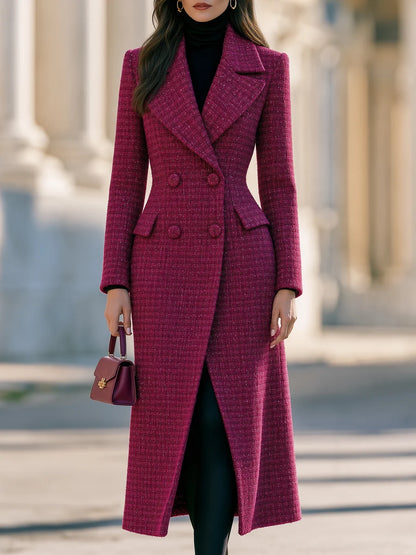 Women's Tweed-Look Double-Breasted Long Coat in Magenta – Product view | Hensley London