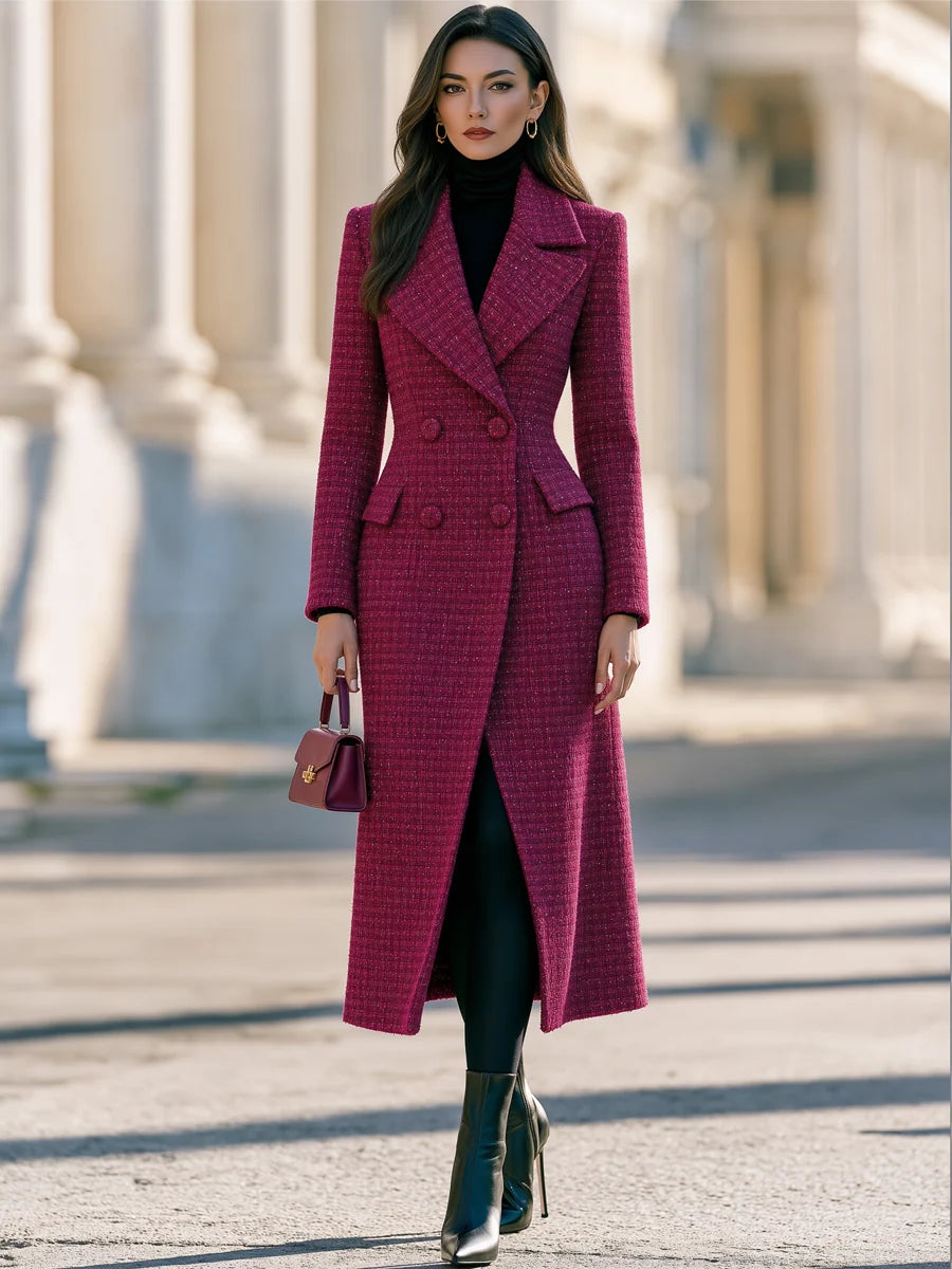 Women's Tweed-Look Double-Breasted Long Coat in Magenta – Product view | Hensley London