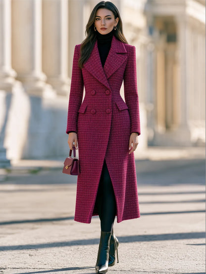 Women's Tweed-Look Double-Breasted Long Coat in Magenta – Product view | Hensley London