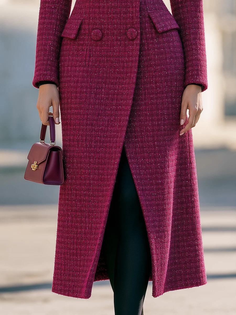 Women's Tweed-Look Double-Breasted Long Coat in Magenta – Product view | Hensley London