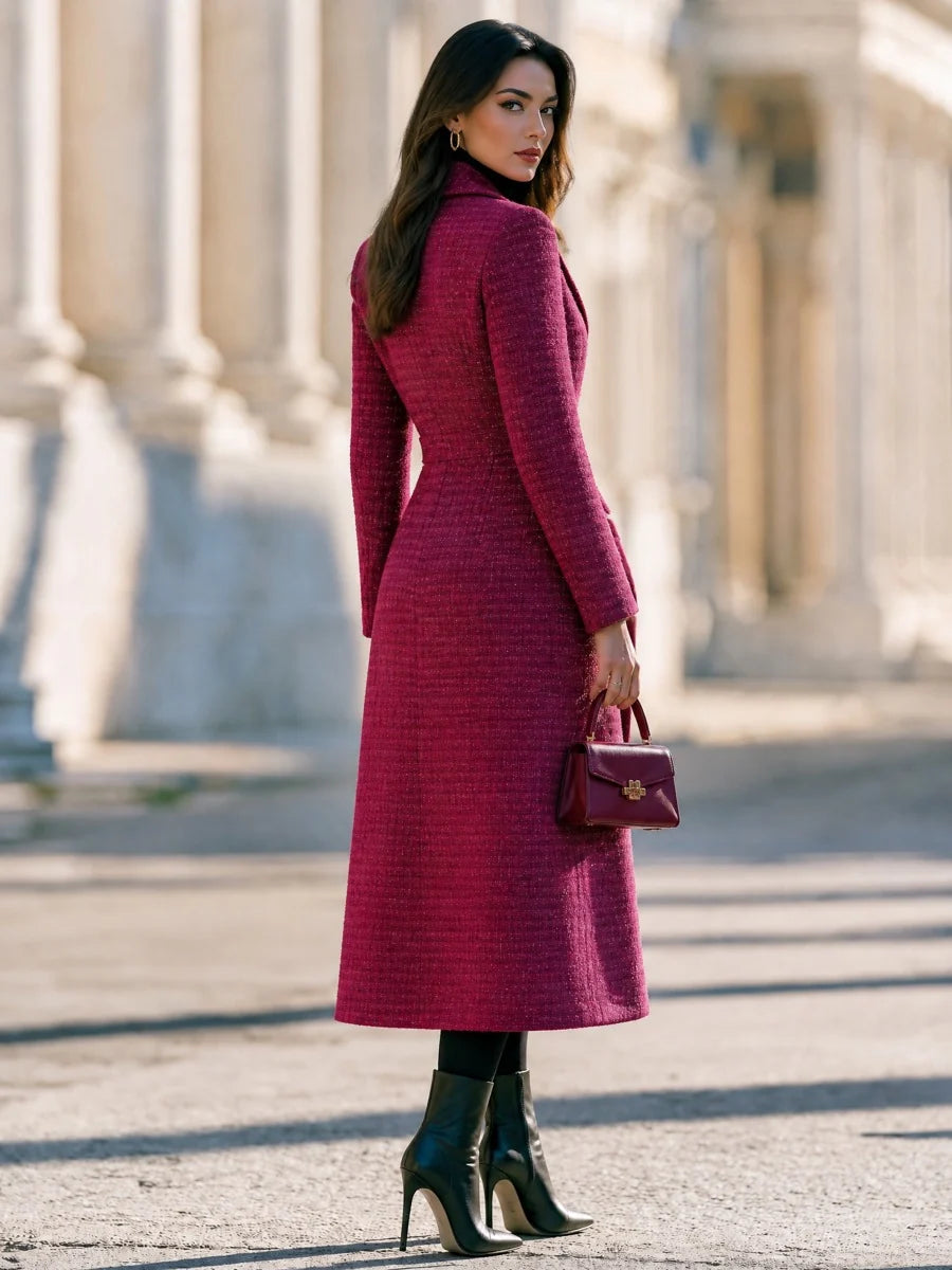 Women's Tweed-Look Double-Breasted Long Coat in Magenta – Product view | Hensley London