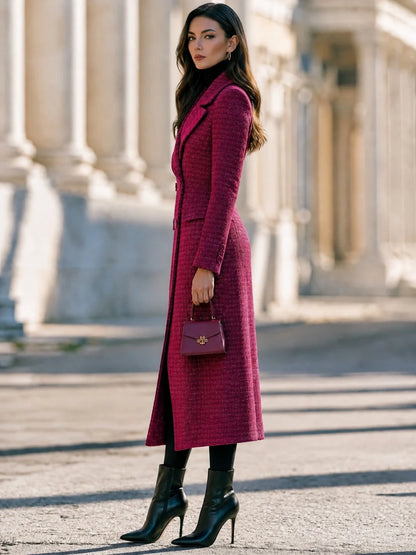 Women's Tweed-Look Double-Breasted Long Coat in Magenta – Product view | Hensley London