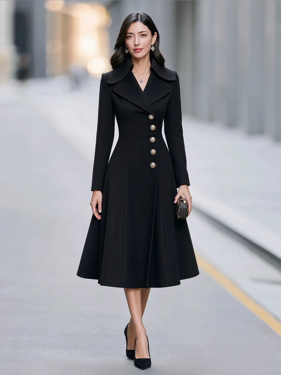 Women's Notched-Lapel Fit-and-Flare Long Coat in Black – product view | Hensley London