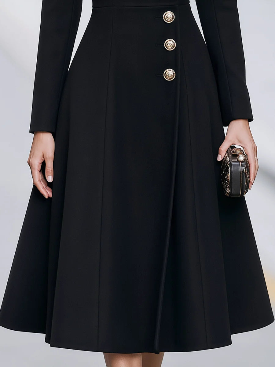 Women's Notched-Lapel Fit-and-Flare Long Coat in Black – product view | Hensley London