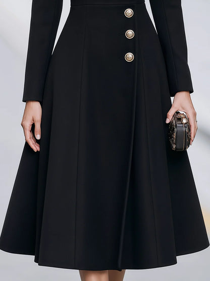 Women's Notched-Lapel Fit-and-Flare Long Coat in Black – product view | Hensley London