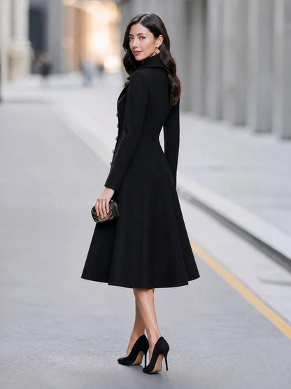 Women's Notched-Lapel Fit-and-Flare Long Coat in Black – product view | Hensley London
