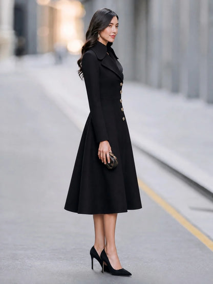 Women's Notched-Lapel Fit-and-Flare Long Coat in Black – product view | Hensley London