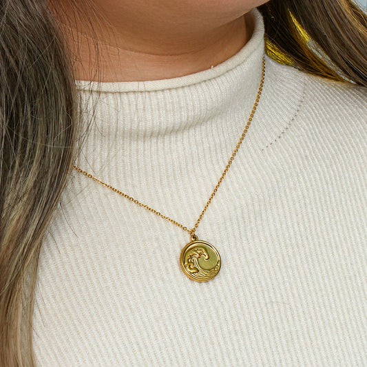 Elegant Ocean Wave Pendant in 18k Waterproof Gold – Hypoallergenic Stainless Steel Necklace, 18-Inch with Extension 1