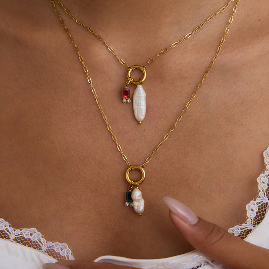 Elegant Pearl Necklace with Birthstone Pendant – Hypoallergenic 18k Gold-Plated Jewelry 1