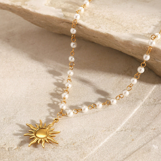 Elegant Pearl Necklace with Sun Pendant – Waterproof Freshwater Pearls, Adjustable 16 Inches, Hypoallergenic Design 1