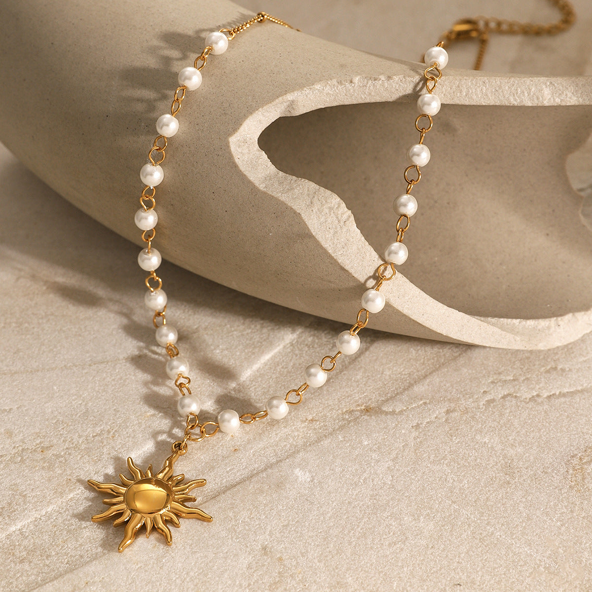 Elegant Pearl Necklace with Sun Pendant – Waterproof Freshwater Pearls, Adjustable 16 Inches, Hypoallergenic Design 2
