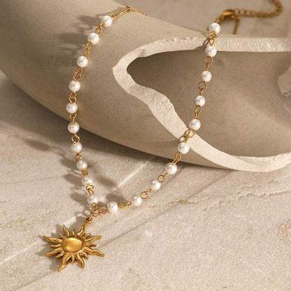 Elegant Pearl Necklace with Sun Pendant – Waterproof Freshwater Pearls, Adjustable 16 Inches, Hypoallergenic Design 2