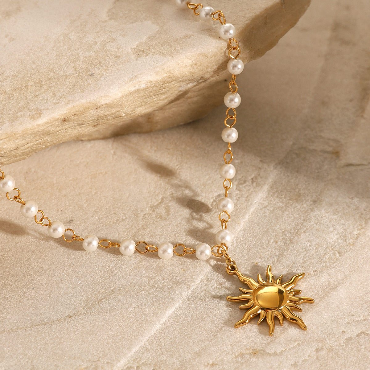 Elegant Pearl Necklace with Sun Pendant – Waterproof Freshwater Pearls, Adjustable 16 Inches, Hypoallergenic Design 3