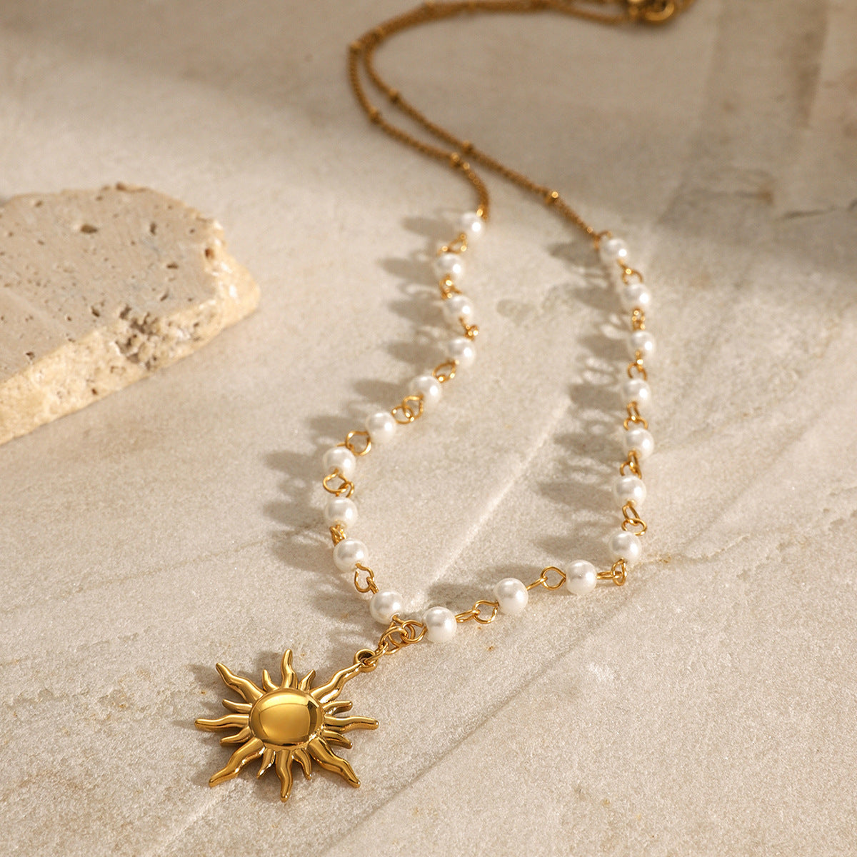 Elegant Pearl Necklace with Sun Pendant – Waterproof Freshwater Pearls, Adjustable 16 Inches, Hypoallergenic Design 4