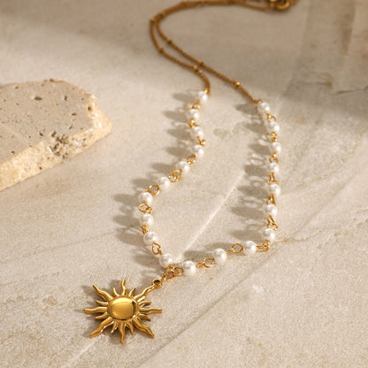 Elegant Pearl Necklace with Sun Pendant – Waterproof Freshwater Pearls, Adjustable 16 Inches, Hypoallergenic Design 4