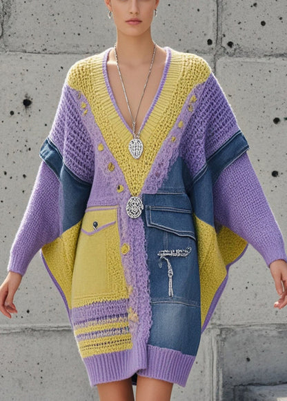 Women's Long Sweater Purple Denim Batwing Sleeve - 3