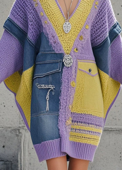 Women's Long Sweater Purple Denim Batwing Sleeve - 4