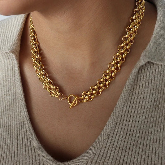 Elegant Rice Bead Jewelry Set for Women – Gold and Silver Necklace and Bracelet with Circle Clasp Closure