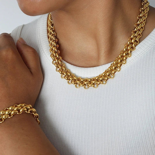 Elegant Rice Bead Jewelry Set for Women – Gold and Silver Necklace and Bracelet with Circle Clasp Closure