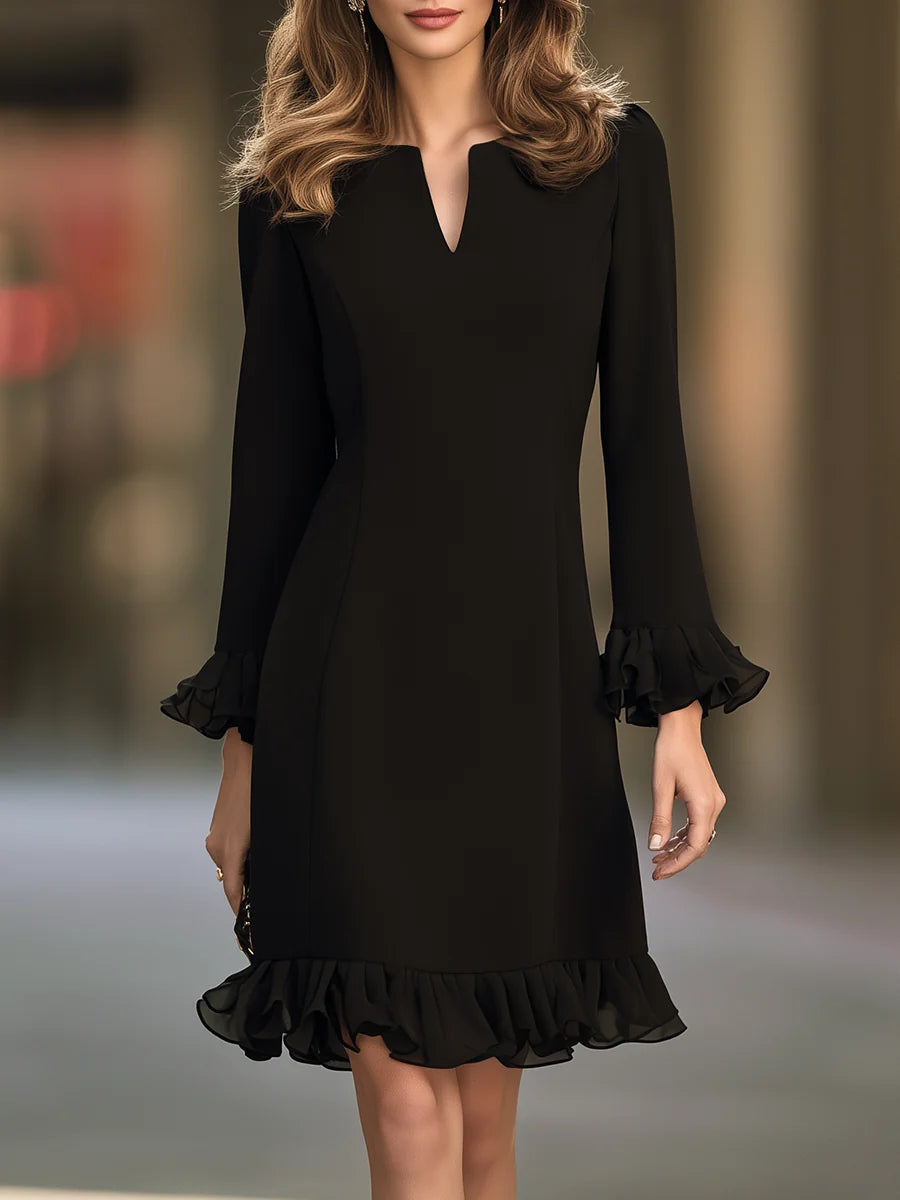 Women's V-Neck Ruffle-Hem Long-Sleeve Mini Dress in Black – product view | Hensley London