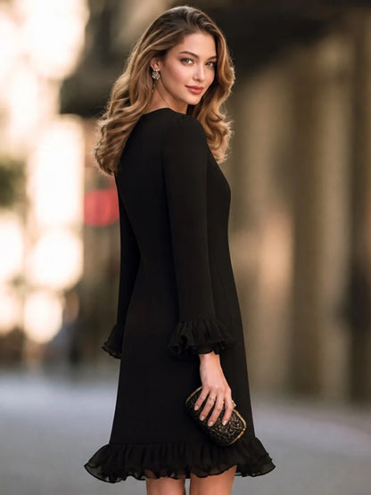 Women's V-Neck Ruffle-Hem Long-Sleeve Mini Dress – additional product view | Hensley London