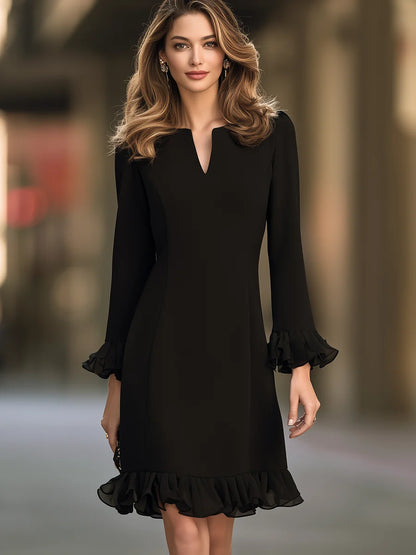 Women's V-Neck Ruffle-Hem Long-Sleeve Mini Dress – additional product view | Hensley London