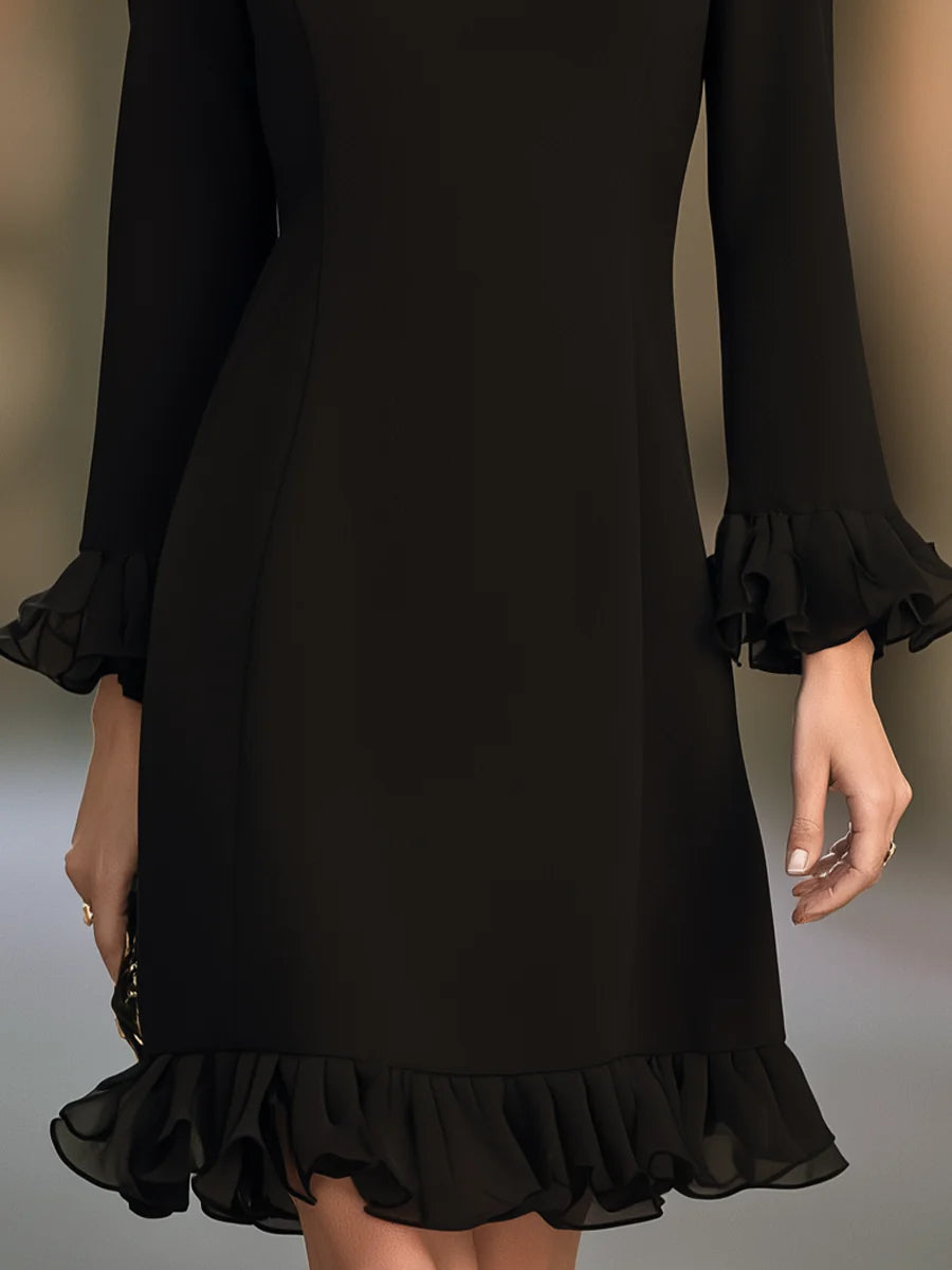 Women's V-Neck Ruffle-Hem Long-Sleeve Mini Dress – additional product view | Hensley London
