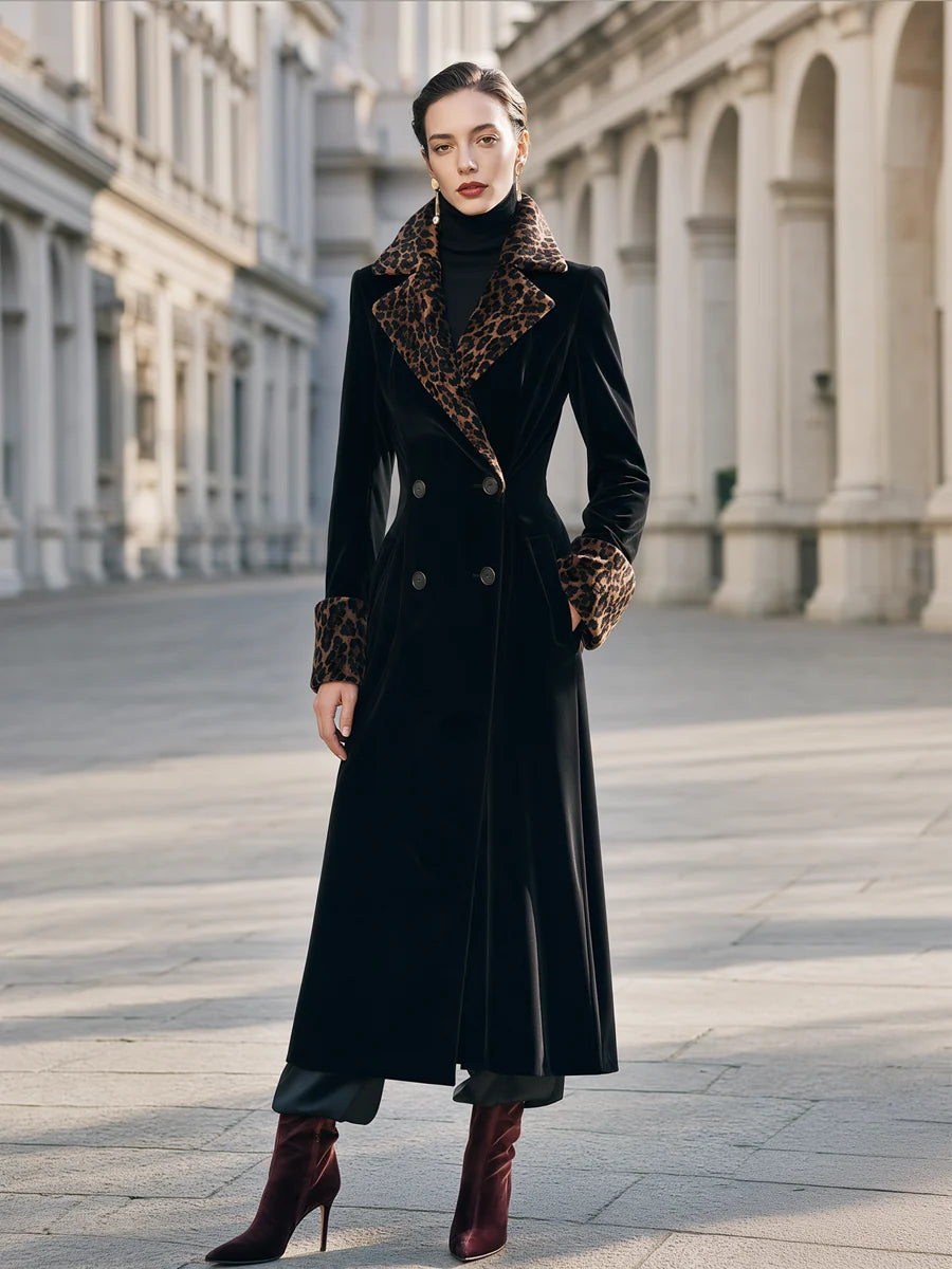 Women's Leopard-Trim Velvet-Look Longline Coat in Black – product view | Hensley London