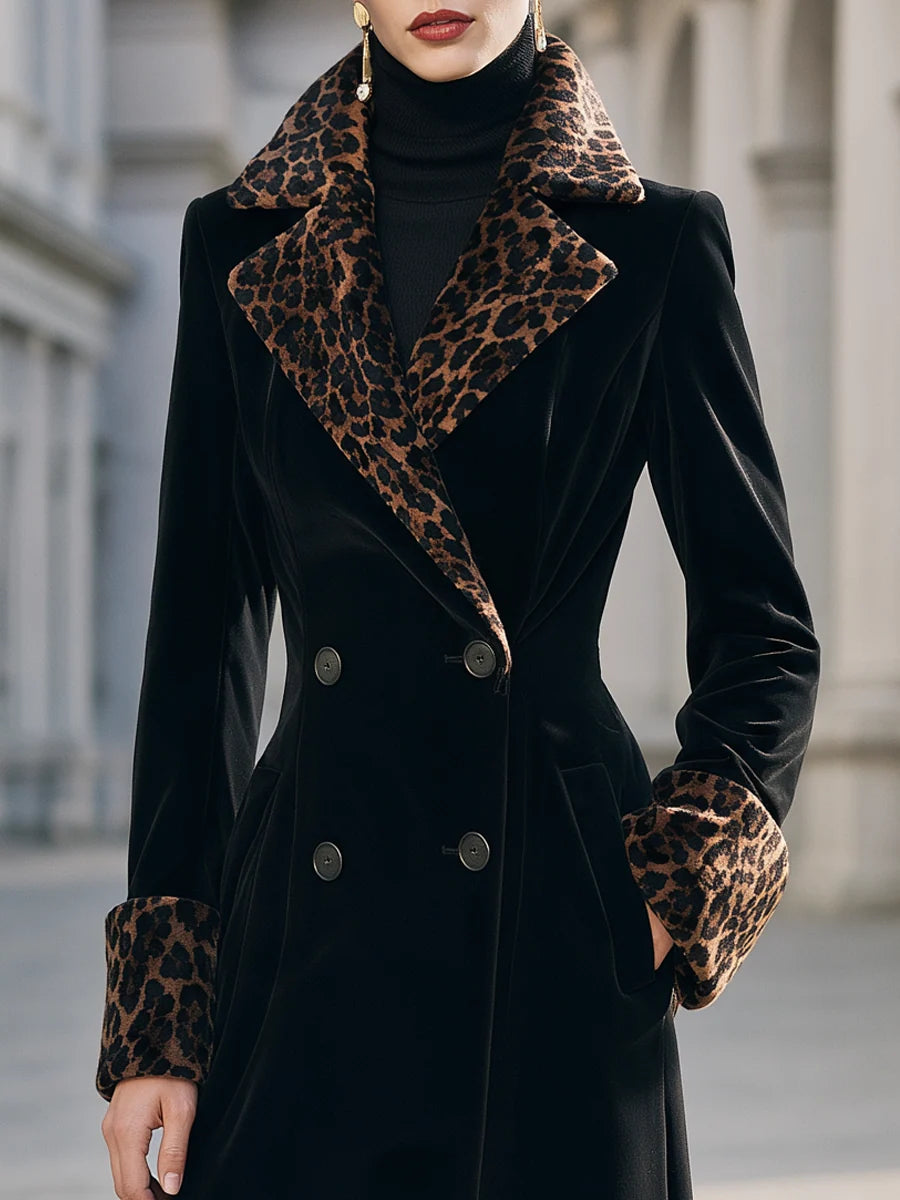 Women's Leopard-Trim Velvet-Look Longline Coat in Black – product view | Hensley London