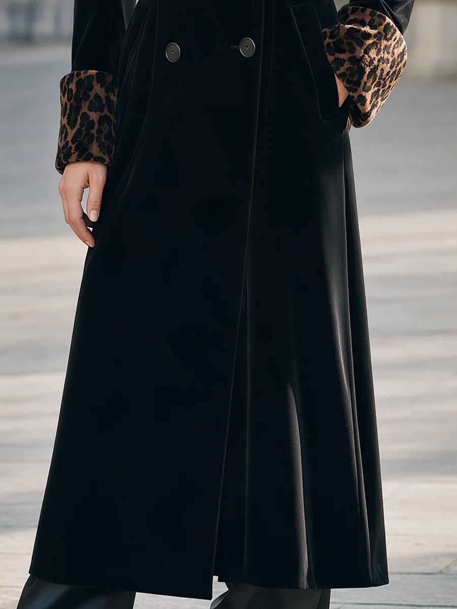 Women's Leopard-Trim Velvet-Look Longline Coat in Black – product view | Hensley London
