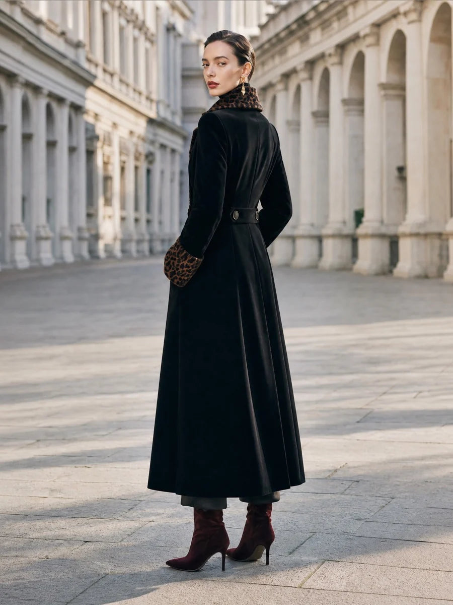 Women's Leopard-Trim Velvet-Look Longline Coat in Black – product view | Hensley London