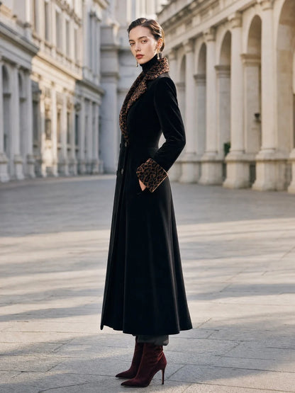 Women's Leopard-Trim Velvet-Look Longline Coat in Black – product view | Hensley London