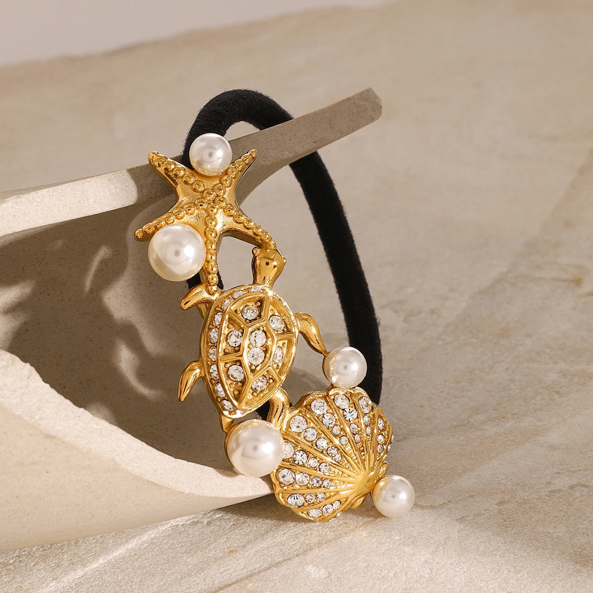 Elegant Waterproof Pony Cuff with 18k Gold Starfish and Freshwater Pearls 3