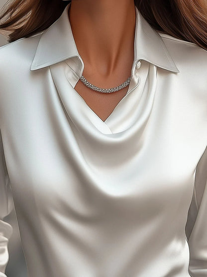Women's Satin Draped-Neck Long-Sleeve Blouse – Product view | Hensley London