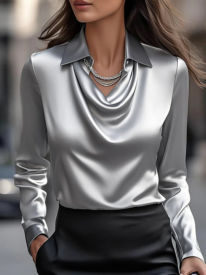 Women's Satin Draped-Neck Long-Sleeve Blouse in Gray – Product view | Hensley London