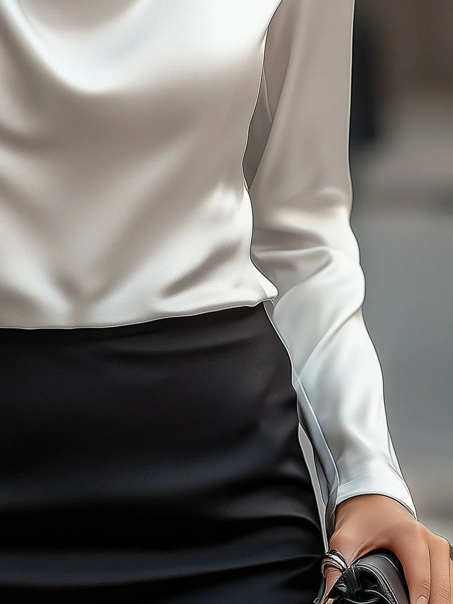 Women's Satin Draped-Neck Long-Sleeve Blouse – Product view | Hensley London