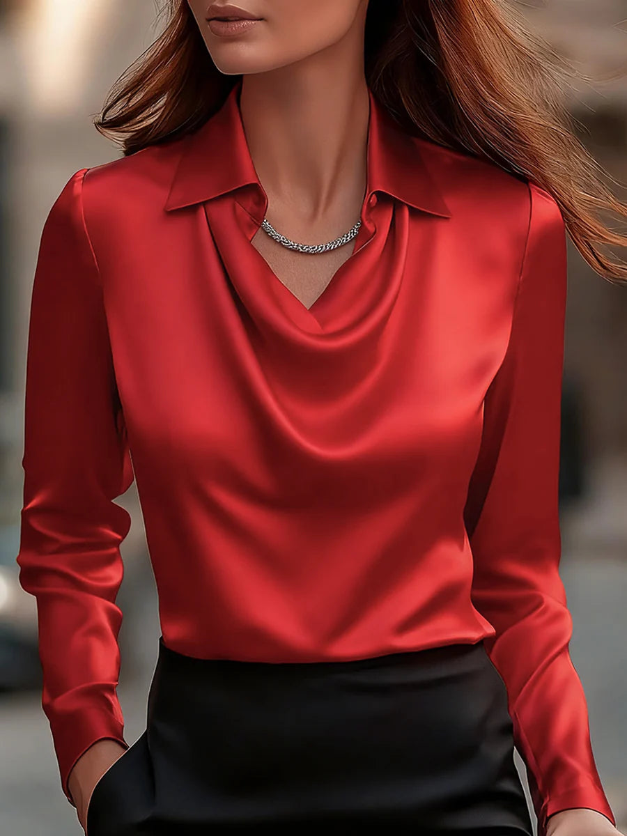 Women's Satin Draped-Neck Long-Sleeve Blouse in Red – Product view | Hensley London
