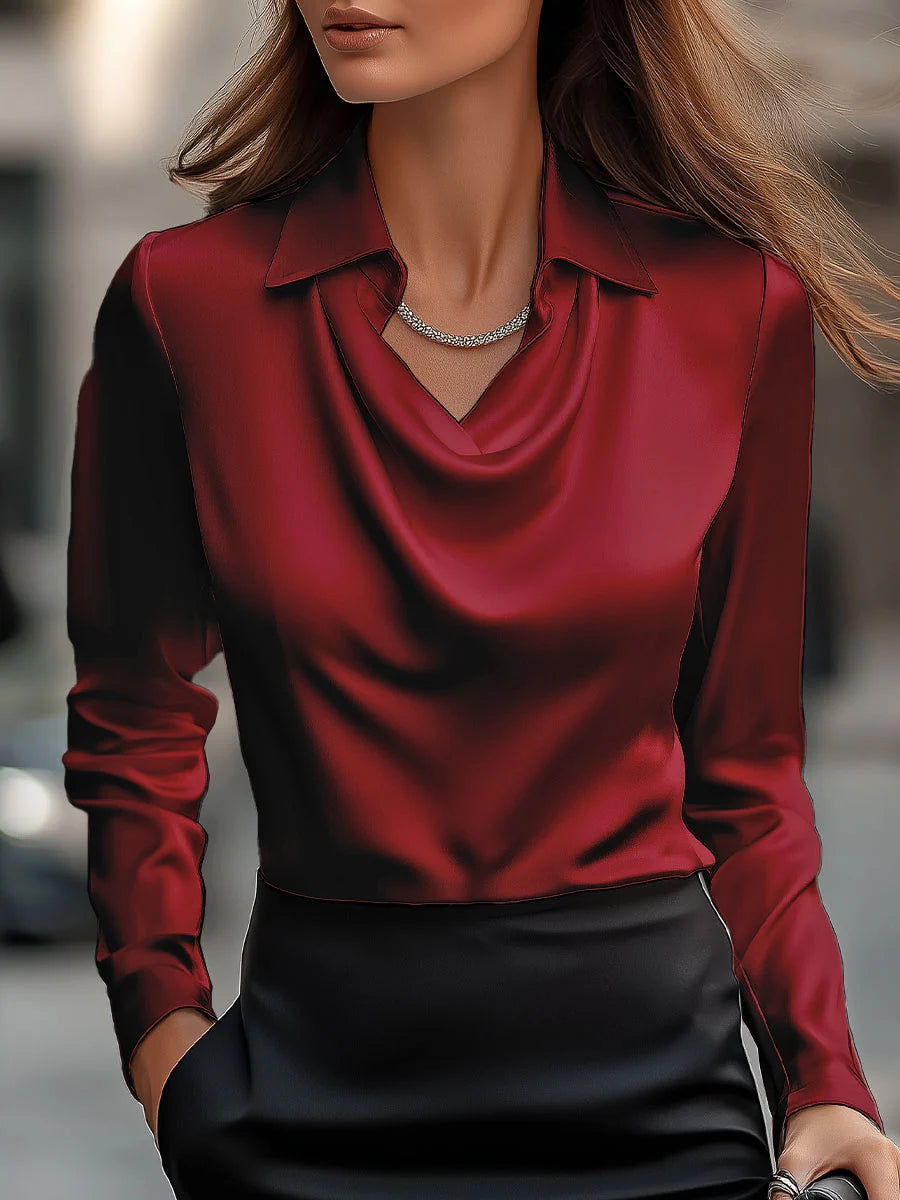 Women's Satin Draped-Neck Long-Sleeve Blouse in Burgundy – Product view | Hensley London