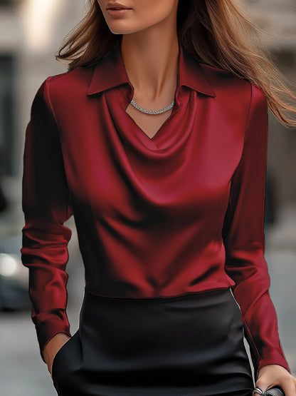 Women's Satin Draped-Neck Long-Sleeve Blouse in Burgundy – Product view | Hensley London