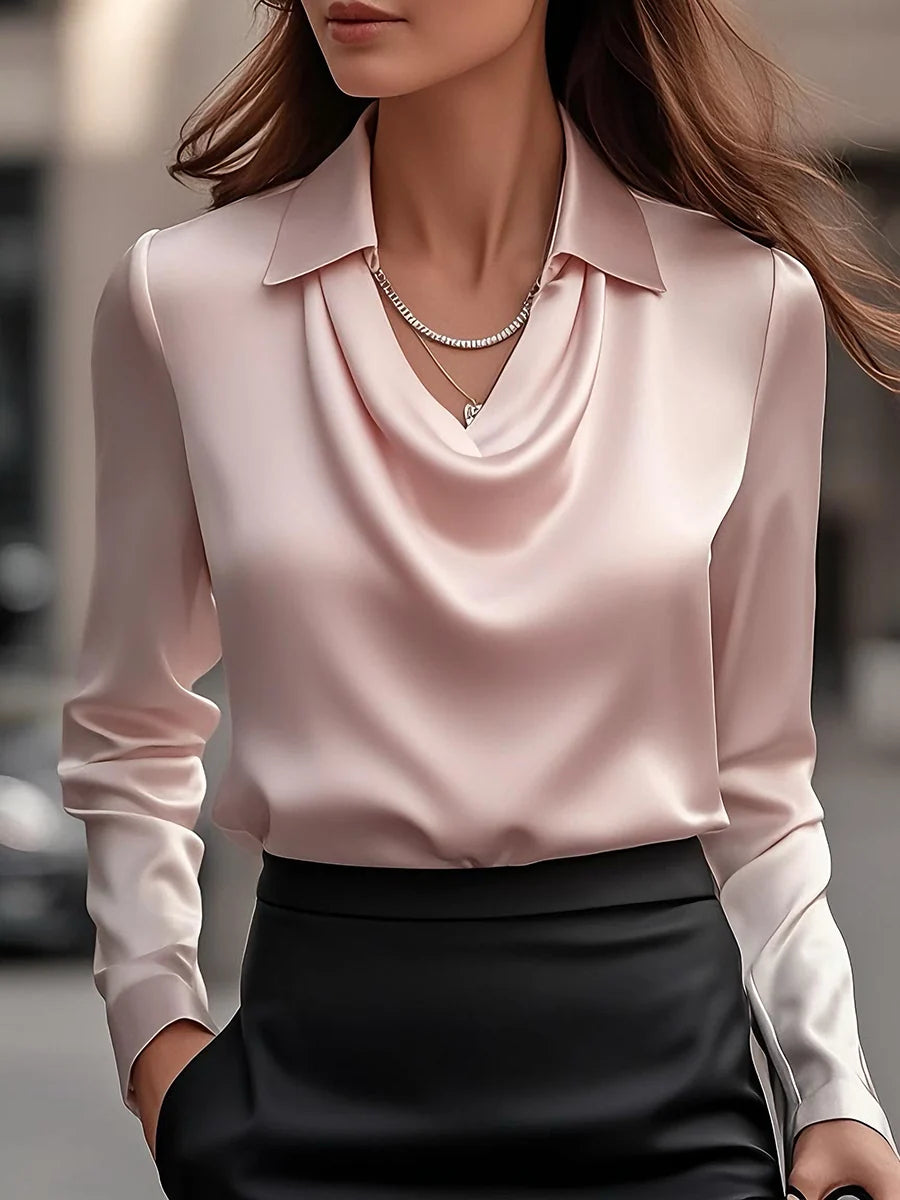 Women's Satin Draped-Neck Long-Sleeve Blouse in Pink – Product view | Hensley London